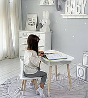 Дерев'яний столик хмаринка із шухлядою 54х68х50 і стільчик вушка зайчика 26.5х26х25, стіл та стілець для дівчинки, білий, фото 9