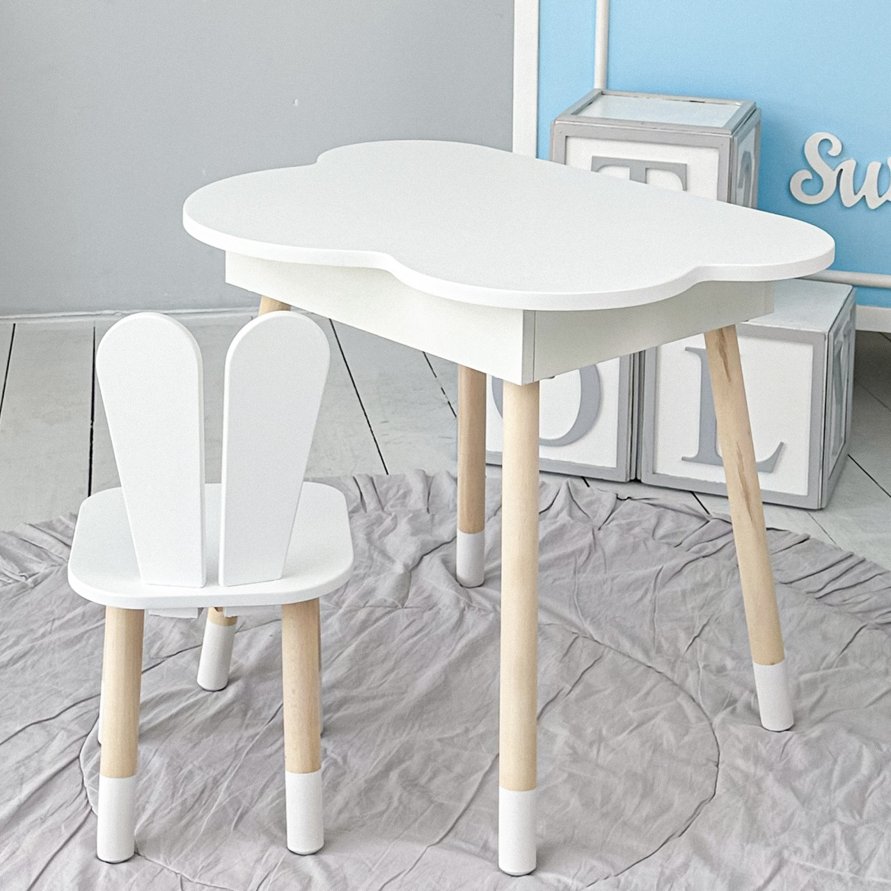 Дерев'яний столик хмаринка із шухлядою 54х68х50 і стільчик вушка зайчика 26.5х26х25, стіл та стілець для дівчинки, білий, фото 1