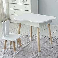 Дерев'яний столик хмаринка із шухлядою 54х68х50 і стільчик вушка зайчика 26.5х26х25, стіл та стілець для дівчинки, білий, фото 4