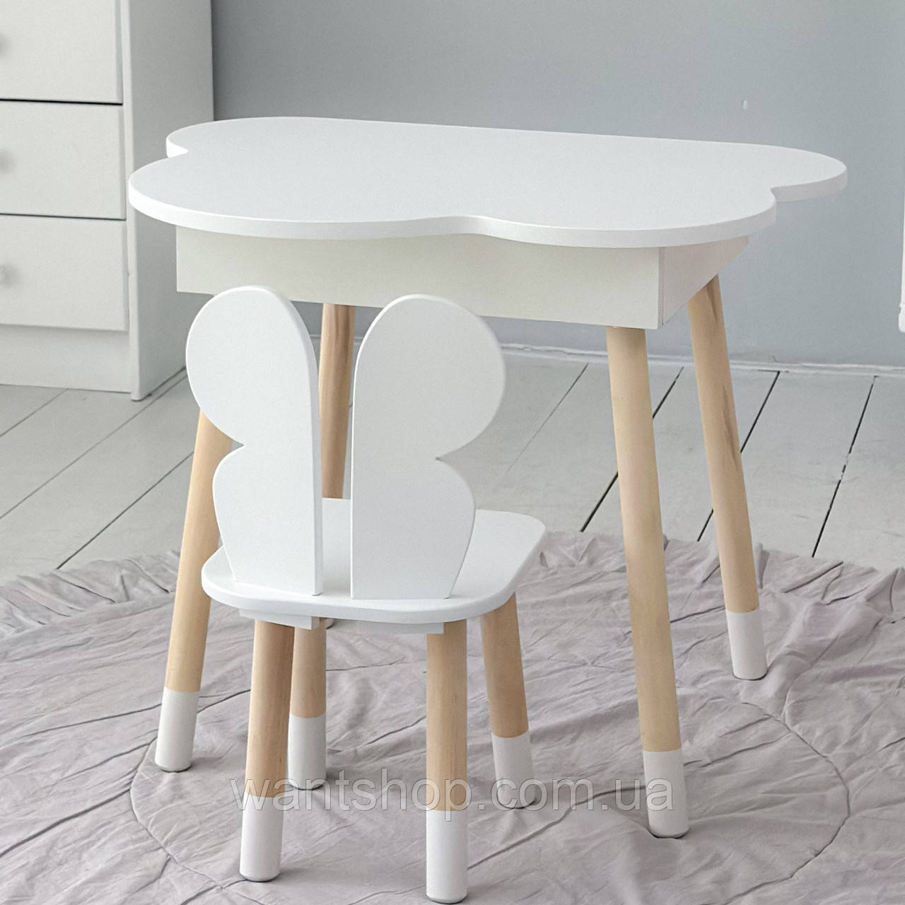 Дитячий столик хмаринка з ящиком 54х68х50 і стільчик метелик 26.5х26х25, стіл та стілець для дівчинки, білий, фото 1