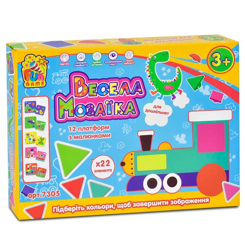 Гр Мозаїка 7305 (12) "4FUN Game Club", "Весела Мозаїка", 22 різнокольорові елементи, 12 платформ з малюнками, в коробці