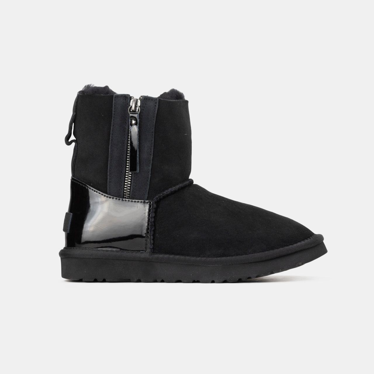 Зимові Жіночі Черевики UGG Mini Double Zip Black Lacquer / УГГ Міні Дабл Зіп Лакер Чорні