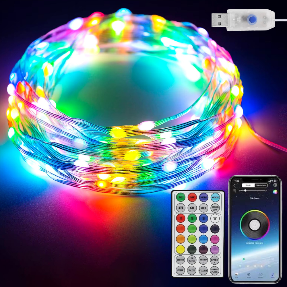 Розумна RGB гірлянда роса, 10м, від USB, 100 LED, керування смартфоном + пульт ДК, Bluetooth