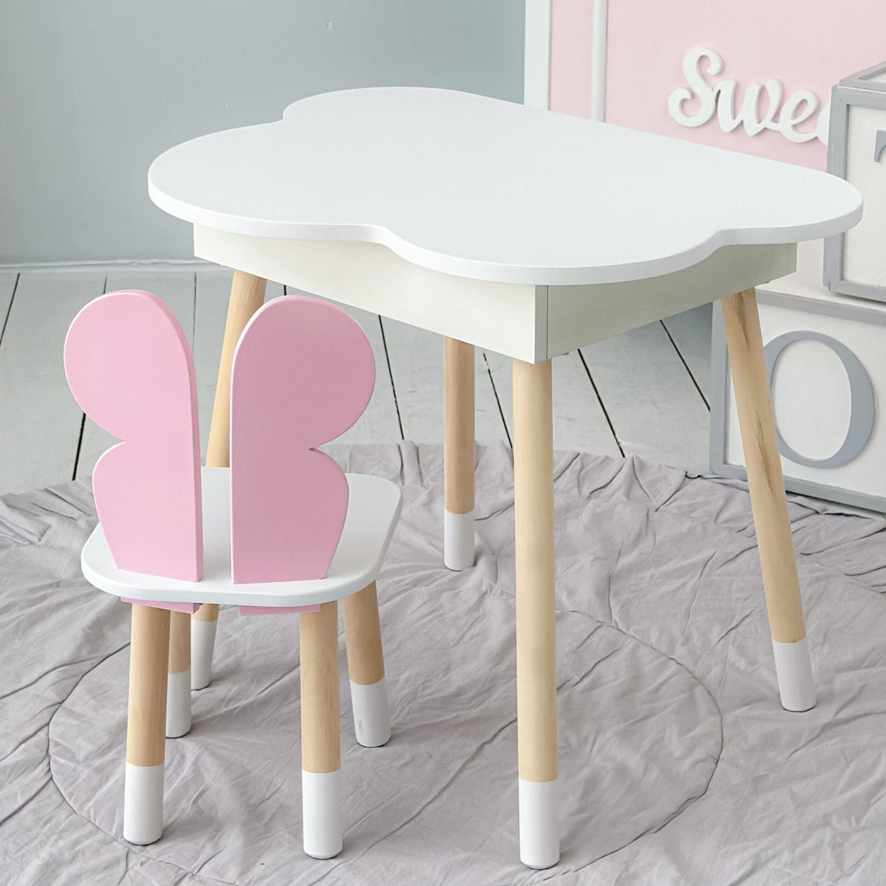 Дитячий стіл хмаринка з нішею 54х68х50 і стілець метелик 26.5х26х25, столик та стільчик для дівчинки, білий з рожевим, фото 1
