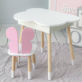 Дитячий стіл хмаринка з нішею 54х68х50 і стілець метелик 26.5х26х25, столик та стільчик для дівчинки, білий з рожевим