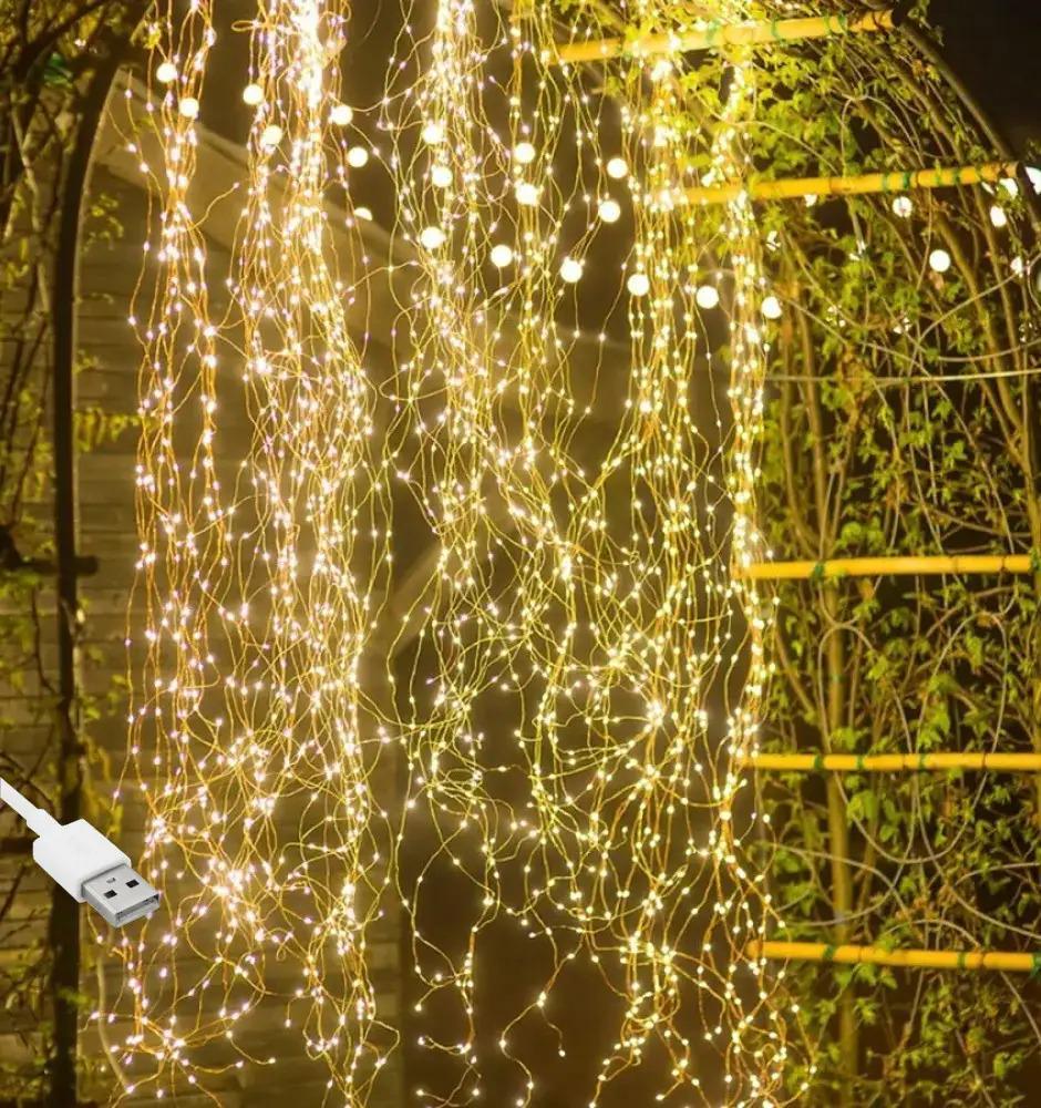 Гірлянда "Конський хвіст" на зеленому дроті 3м 20 ниток 600Led теплий колір на USB з пультом