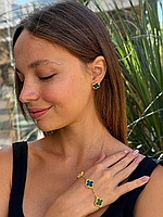 Van Cleef сережки та браслет / набор зелений під малахіт / лимонне золото / проба AU 750, гравіювання