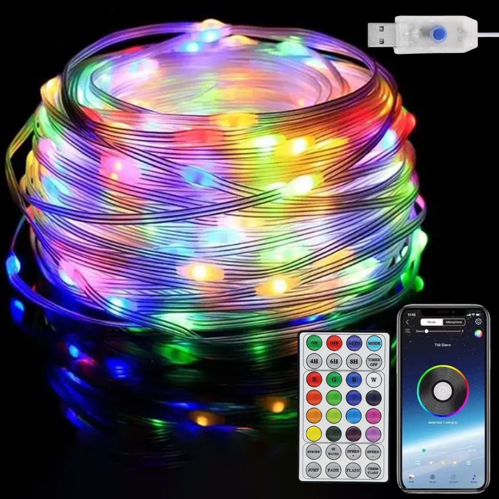 Розумна RGB гірлянда роса, 20м, від USB, 200 LED, керування смартфоном + пульт ДК, Bluetooth