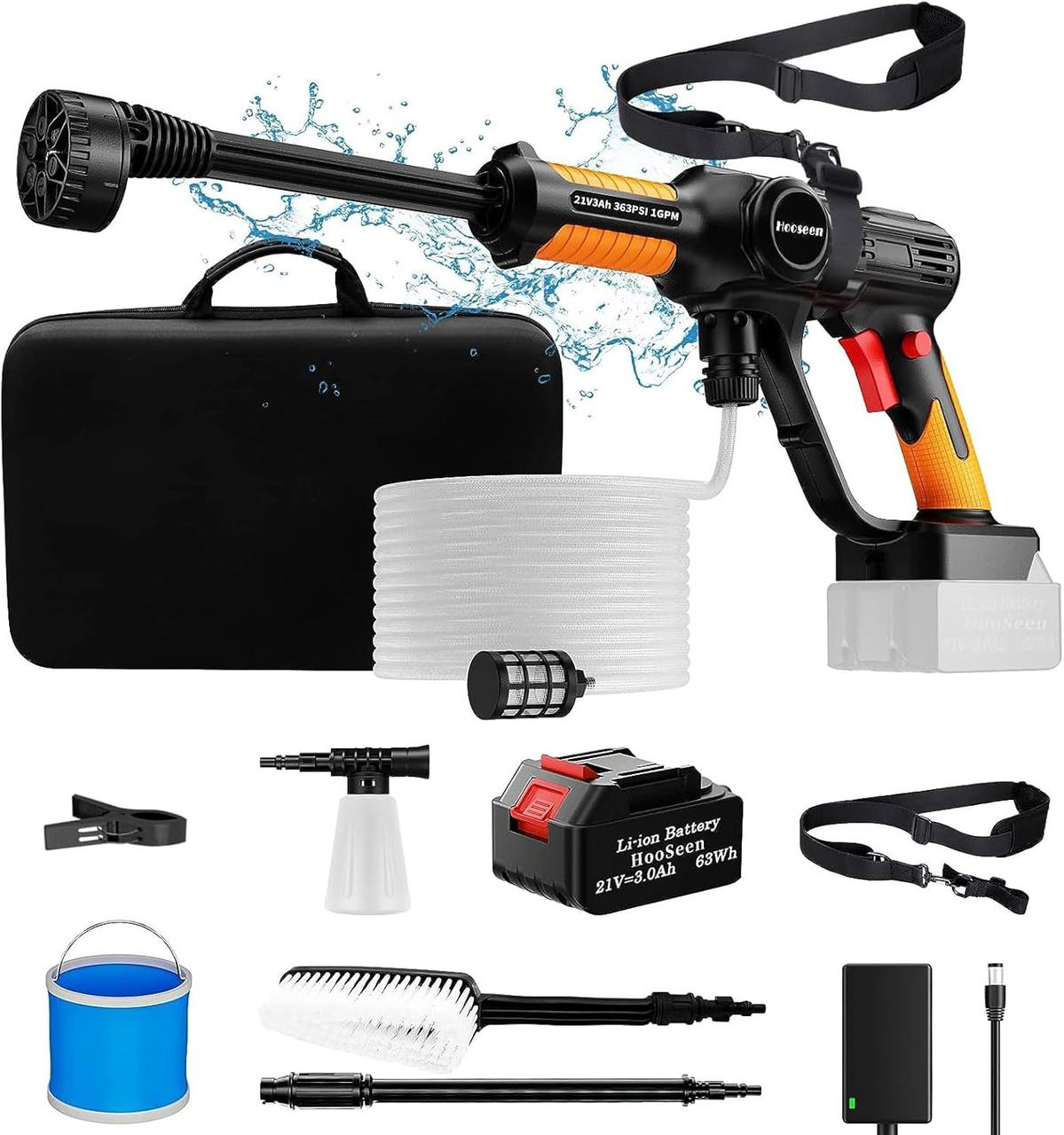 Бездротове миття високого тиску HooSeen, портативне миття високого тиску 21 В з акумулятором 3,0 А·ч, що перезаряджається, насадка, фото 1