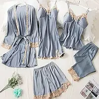 Сірий атласний набір для сну з мереживом піжама, штани, халат і пеньюар