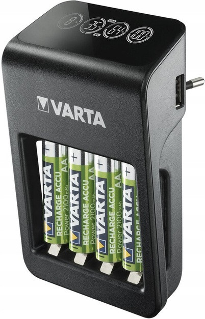 Універсальний зарядний пристрій Varta LCD PLUG CHARGER+ (57687) +4x2100mAh, AA/AAA/"Крона", LCD, 4+1 канала, Blister