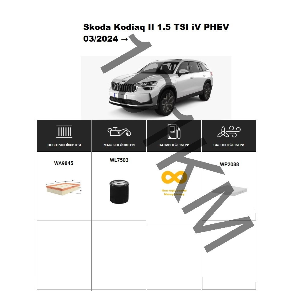 Комплект фільтрів Skoda Kodiaq II 1.5 TSI iV PHEV (2024-) WIX