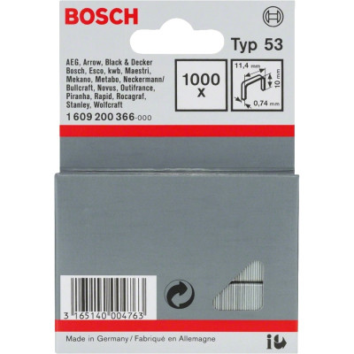 Скоби для будівельного степлера Bosch тип 53, 10х11.4х0.74мм, 1000шт (1.609.200.366)