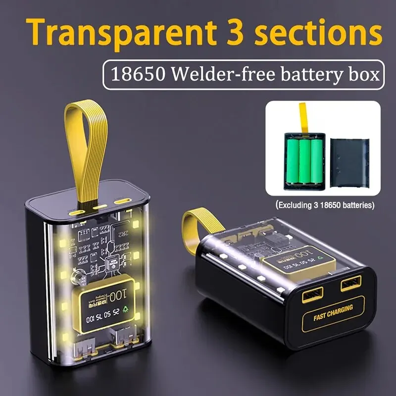 Powerbank 2 USB 3x18650 max 10200 mAh + ліхтарик / Корпус Повербанка, чорний, без батарей