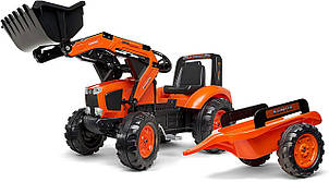 Дитячий трактор на педалях з причепом та переднім ковшом Falk 2060 AM KUBOTA (колір - червоний)