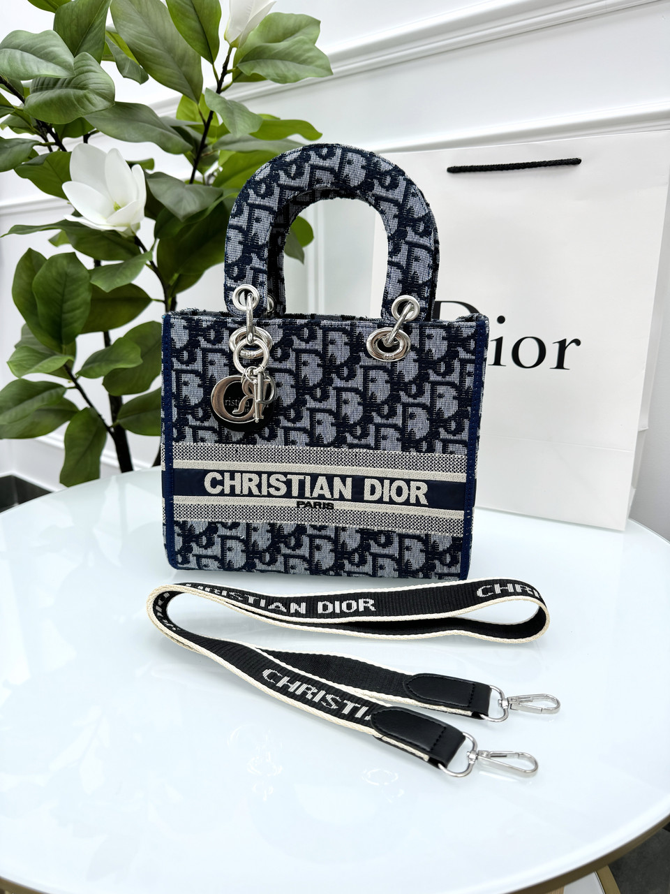 Жіноча сумка клатч Крістіан Діор синя з текстильними ручками Dior, фото 1