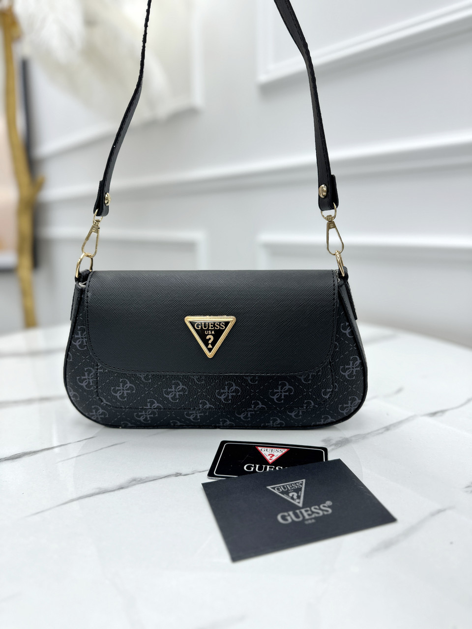 Сумка жіноча Guess багет чорний міні на плече Гесс, фото 1