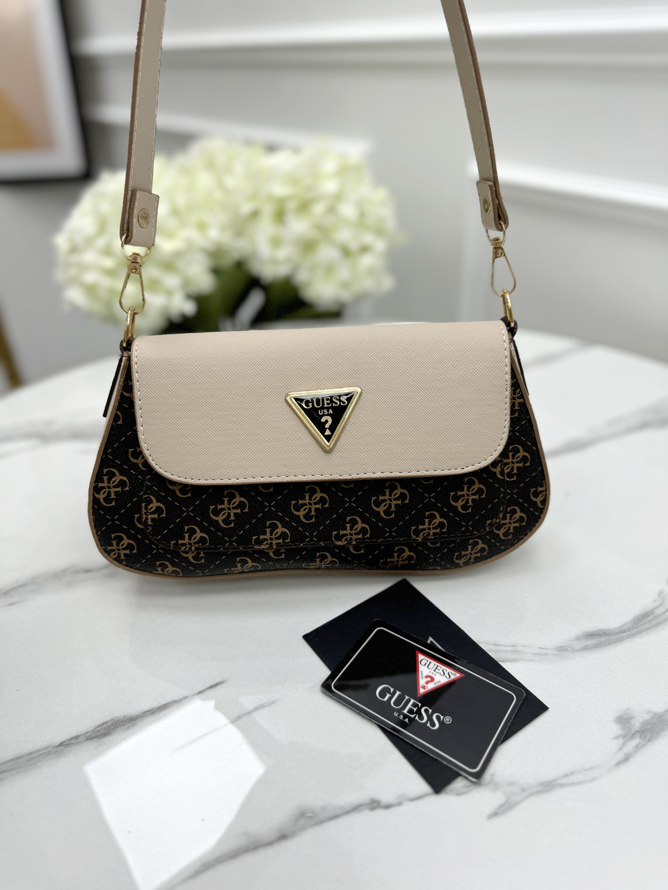 Сумка жіноча Guess багет коричневий із бежевим міні на плече Гесс, фото 1