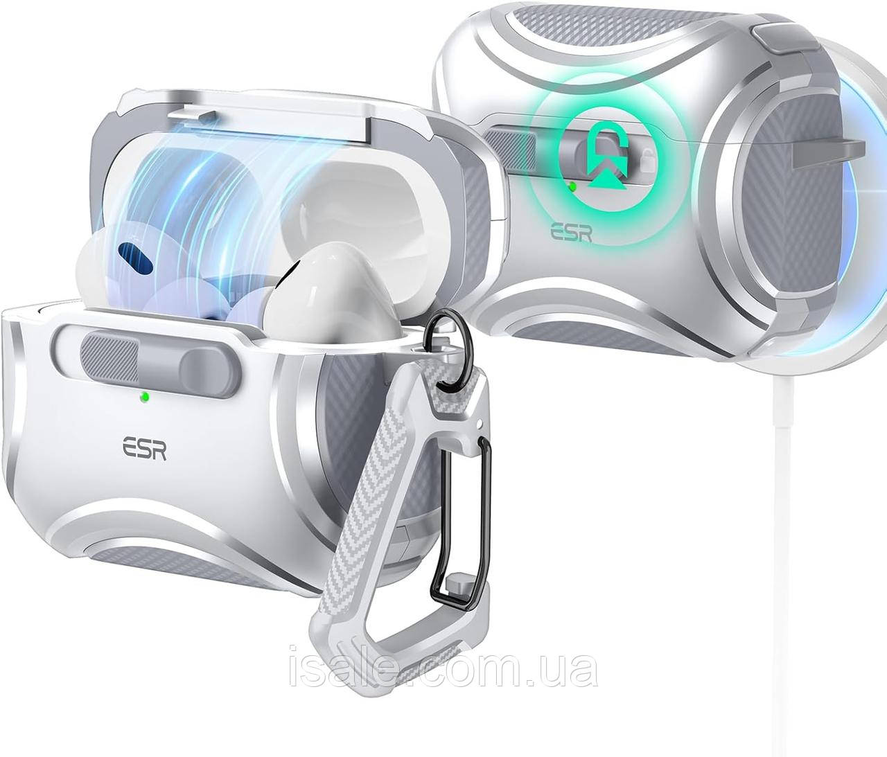 Протиударний чохол з карабіном ESR Cyber Tough FlickLock (HaloLock) для AirPods Pro 2, Silver Grey, фото 1