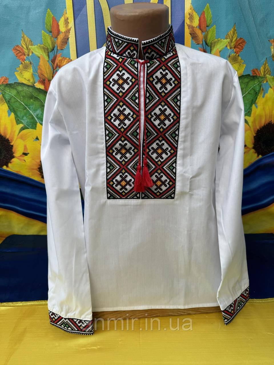 Вишиванка підліткова для хлопчика з довгим рукавом поплін розмір 7-12 років, білого кольору
