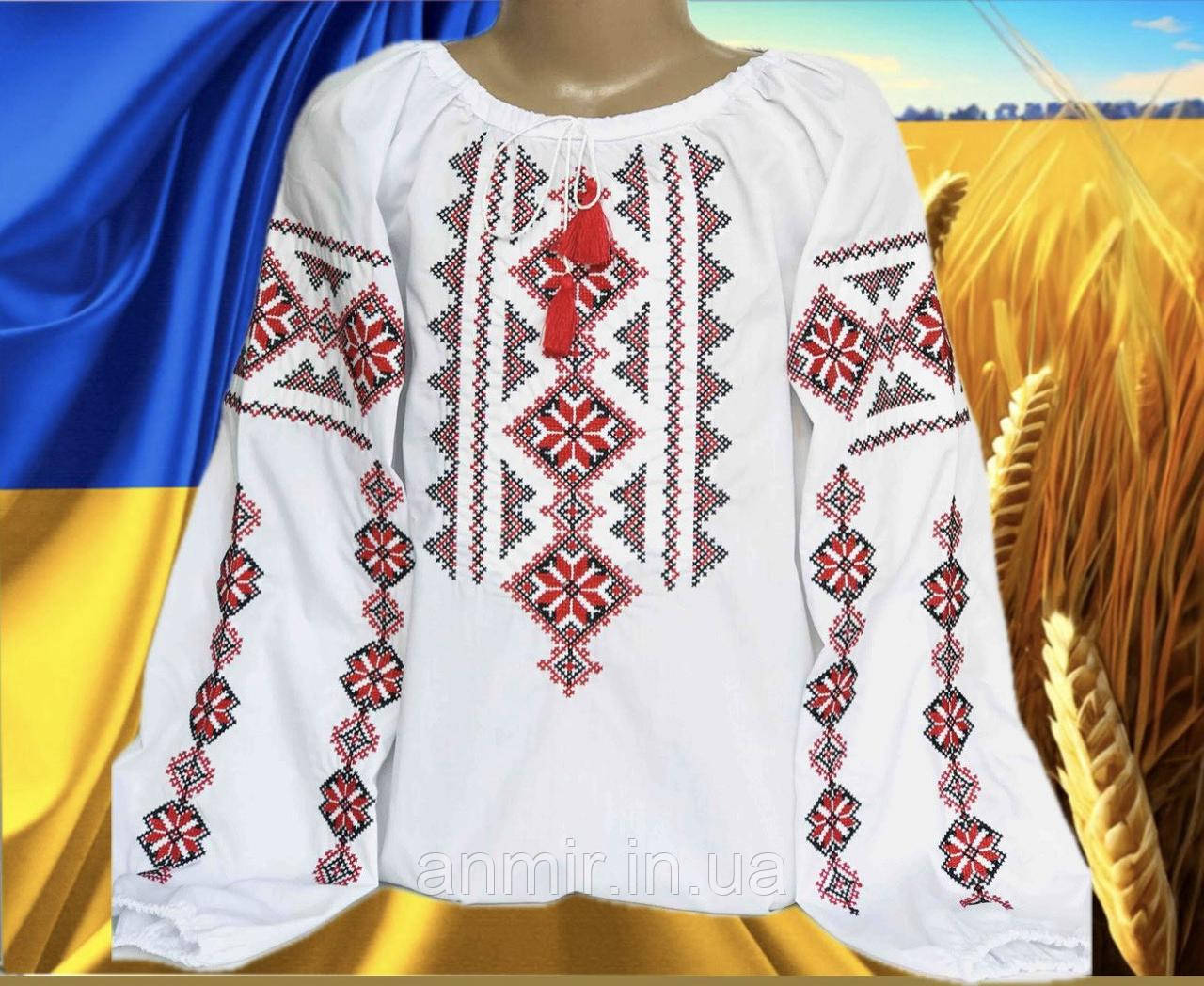 Блузка-вишиванка підліткова поплін для дівчинки 7-11 років, колір білий