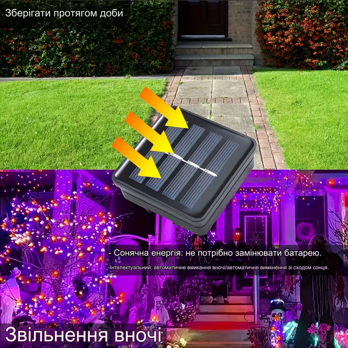 LED гірлянда вулична на сонячній батареї 24 м з 8 режимами миготіння фіолетові та червоні