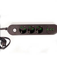 Мережевий подовжувач фільтр 3 розетки 3 USB 1.5 метра З підсвічуванням Сірий