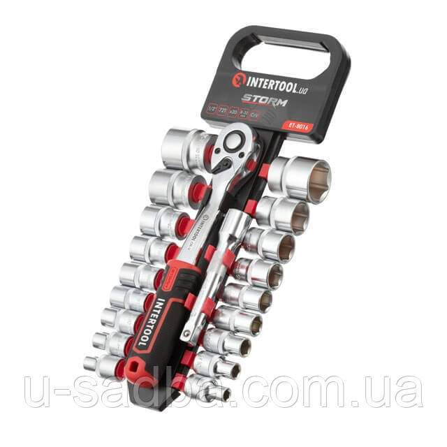Набір головок 1/2" 8-32 мм, подовжувач, ручка з храповим механізмом 72 зуби, 20 од., Cr-V INTERTOOL ET-8016 - фото 1 - id-p1357839455