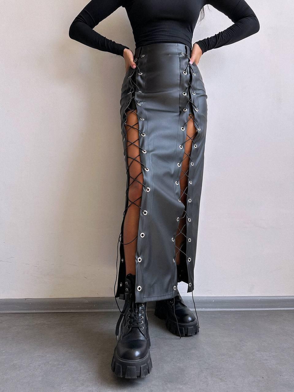 Довга шкіряна спідниця олівець зі шнурівками збоків (р. S, M) 66si660Е, фото 1