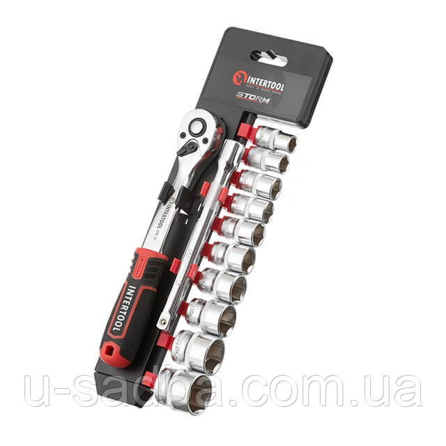 Набір головок 3/8" 10-24 мм, подовжувач, тріскачка 72 зуби, 12 од., Cr-V STORM INTERTOOL ET-8013 - фото 1 - id-p1357839458