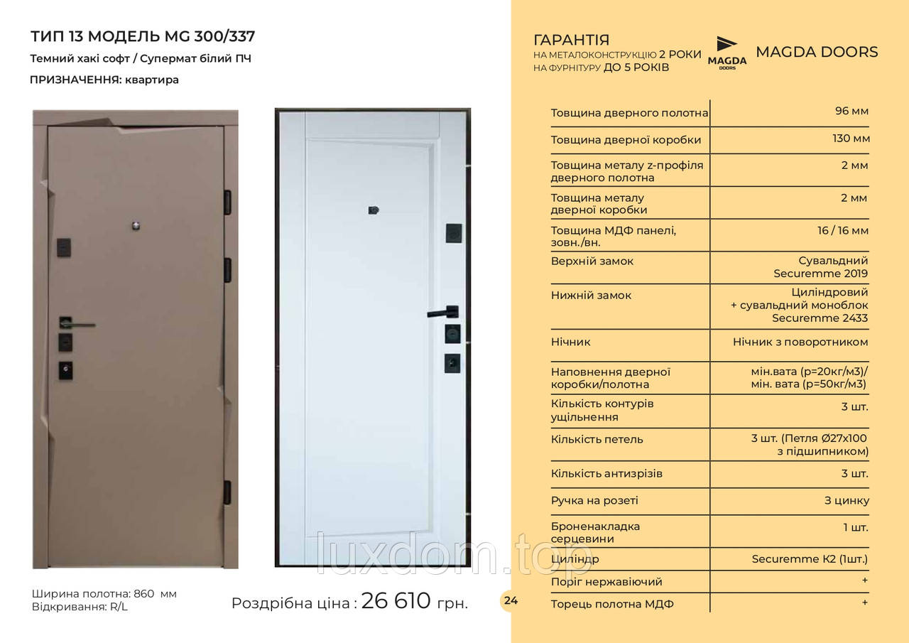 Двері вхідні ТИП 13 МОДЕЛЬ MG 300/337 Темний хакі софт / Супермат білий ПЧ/квартира, фото 1