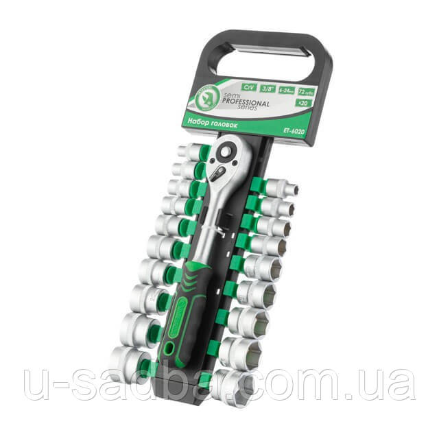 Набір головок 20 од. 3/8" 6-24 мм з ручкою з храповим механізмом 72 зуба, Хром-Ванадиум INTERTOOL ET-6020 - фото 1 - id-p738142461