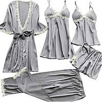 Атласний жіночий набір для сну сірого кольору, халат з пеньюаром і піжама.