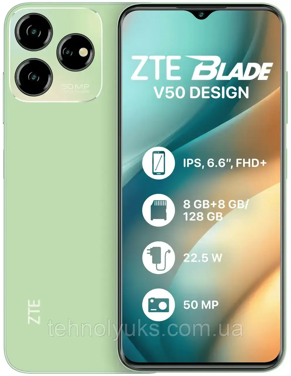 Смартфон ZTE Blade V50 Design 8/128GB Green, 50+2\8Мп, Unisoc T606, NFC, IPS 6.6", 5200mAh, фото 1