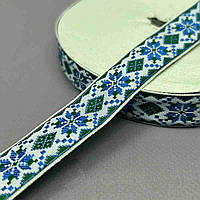Тканинна стрічка тасьма Біла орнамент синьо - зелений 2 см (за м)