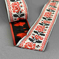 Тканинна стрічка тасьма Біла квіти червоний 3 см (за м)