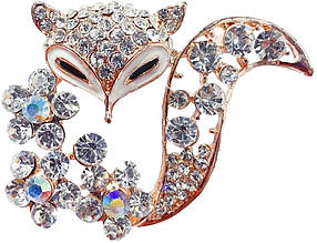 Брошка лисиця зі стразами з біжутерійного сплаву, Fox gold, 4.5х3.5 см.