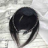 Челка накладна темно-коричнева пряма з обручем зі стразами з натурального волосся, фото 3