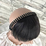 Челка накладна темно-коричнева пряма з обручем зі стразами з натурального волосся, фото 5