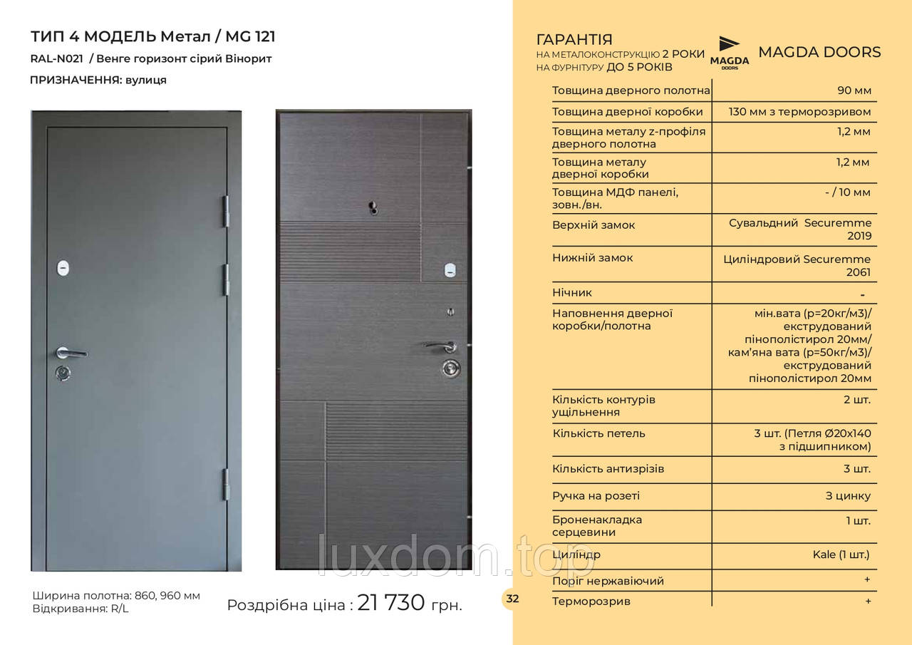 Двері вхідні ТИП 4 МОДЕЛЬ Метал / MG 121 RAL-N021 / Венге горизонт сірий Вінорит/ вулиця, фото 1