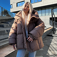 Жіночий пуховик дутий короткий зимовий, тепла куртка пуховик жіноча осінь/зима на блискавці коричневий
