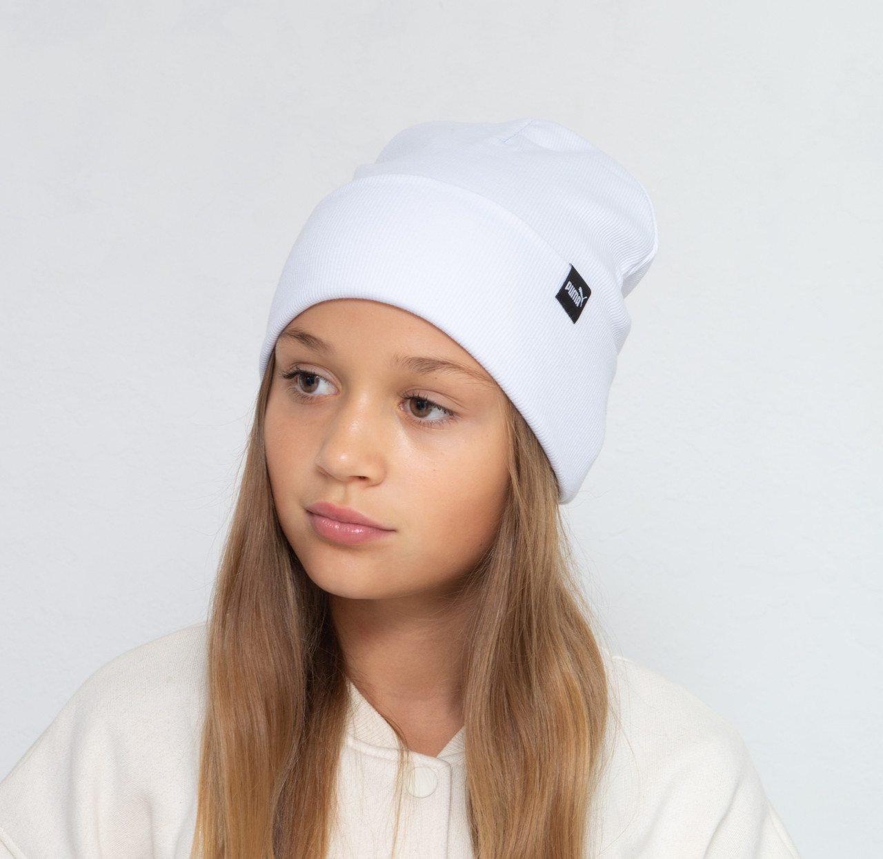 Шапка бавовняна Рубчик Puma (відворот) білий