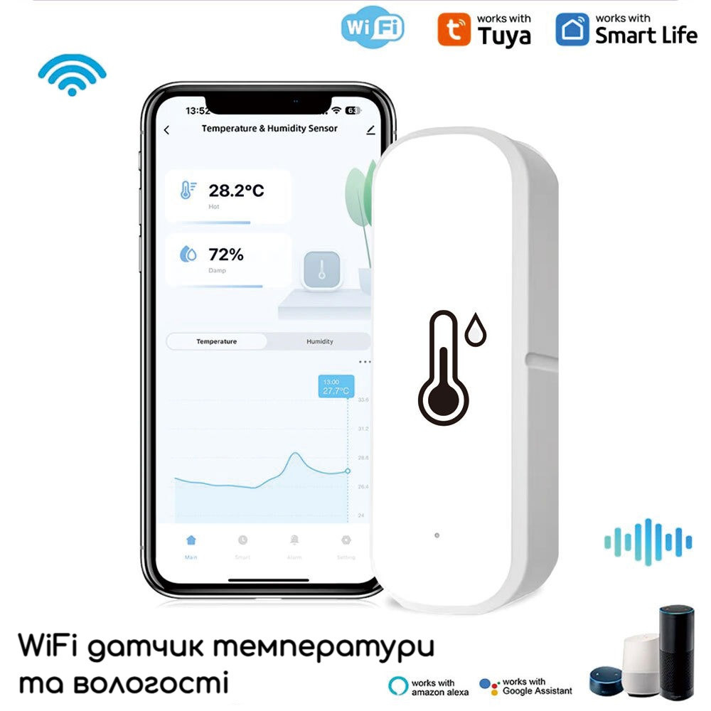 Розумний Wi-Fi датчик температури та вологості Tuya, Smart Life