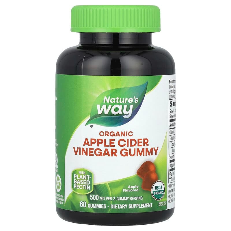 Яблучний оцет Nature's Way "Organic Apple Cider Vinegar" зі смаком яблука, 500 мг (60 жувальних цукерок)