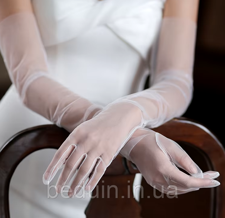 Довгі фатинові рукавички напівпрозорі — весільні, білі Aushal Jewellery