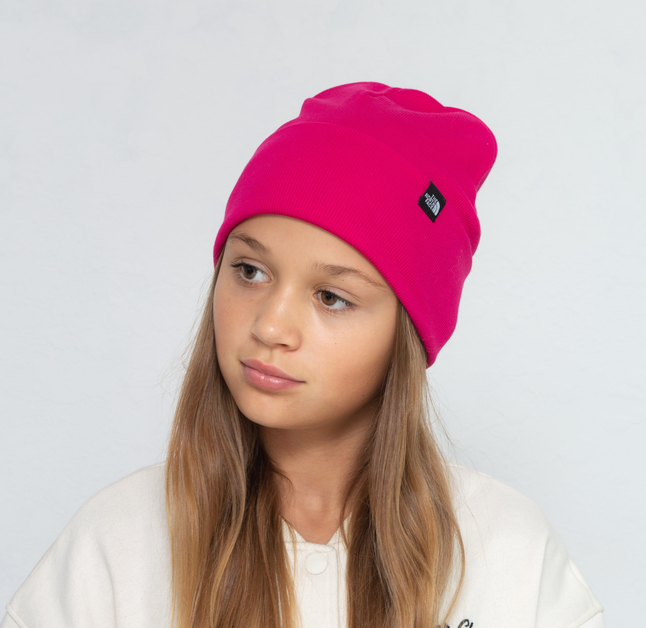 Шапка бавовняна Рубчик The North Face (відворот) малина