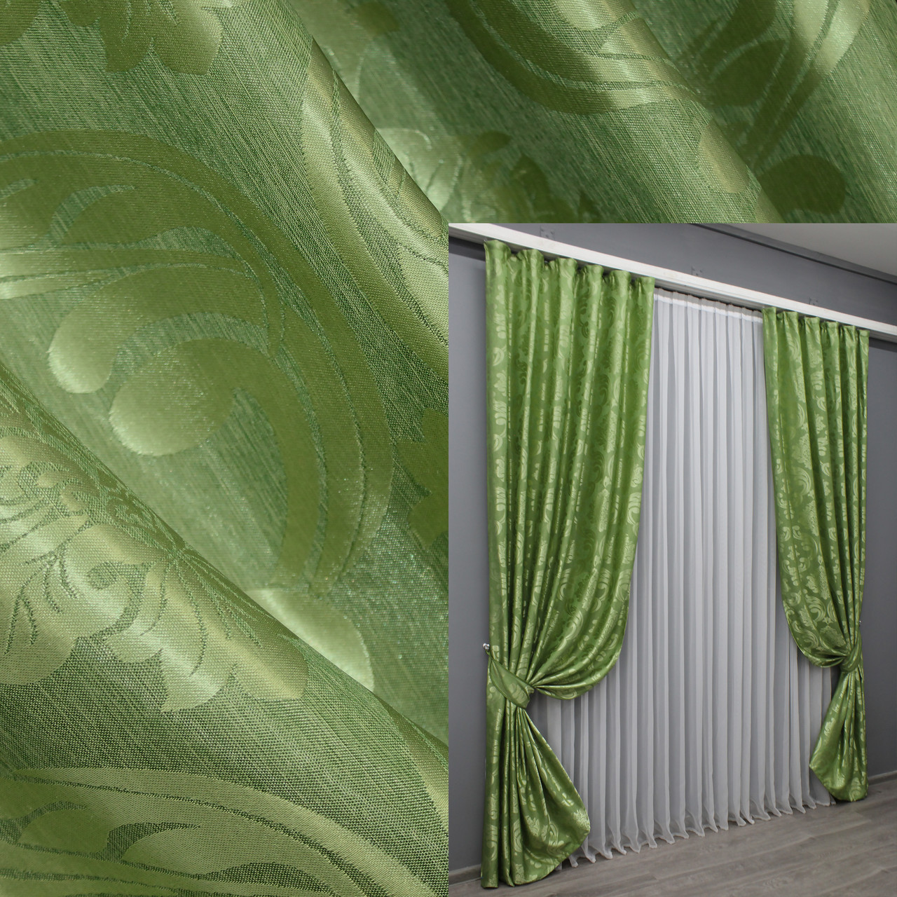 Комплект штор (2шт. 1х2,7м.) жакард, колекція "Ліон". Колір оливковий Код 607ш 31-063, фото 1