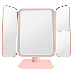 Дзеркало для макіяжу потрійне з LED підсвічуванням, USB, XW 810, Рожеве / Косметичне дзеркало / Настільне дзеркало