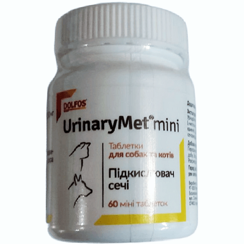 Таблетки для котів і собак дрібних порід UrinaryMet Mini для регулювання кислотності сечі No60 Dolfos