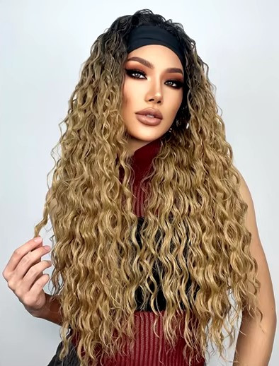 Перука афро пшеничний блонд, світло русява хвиляста із пов'язкою на сітці, фото 1